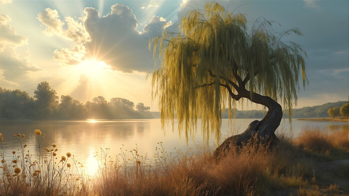 Плакучая ива над озером