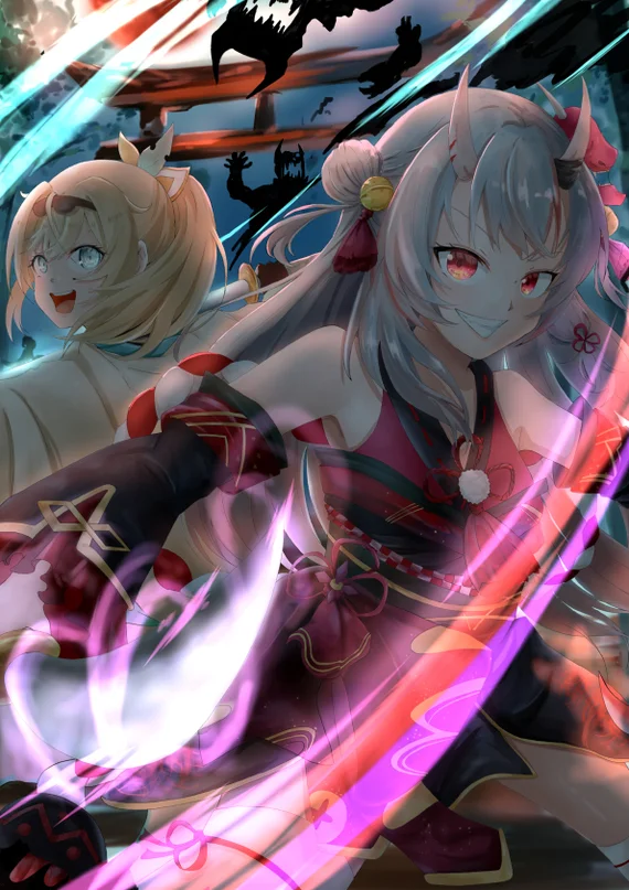 Fighting passion - Hololive, Virtual youtuber, Nakiri ayame, Kazama iroha, Anime art, Anime