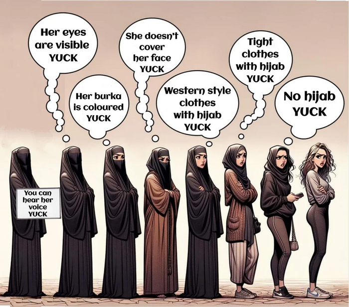 Перевод: "Ты можешь слышать её голос. Ты можешь видеть её глаза. Её бурка цветная. Она не должна показывать своё лицо. Западная одежда с хиджабом. Обтягивающая одежда с хиджабом. Без хиджаба".