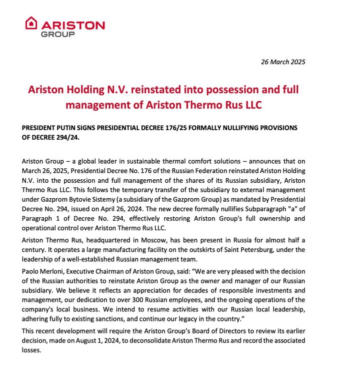 Итальянская компания Ariston первой вернулась в Россию