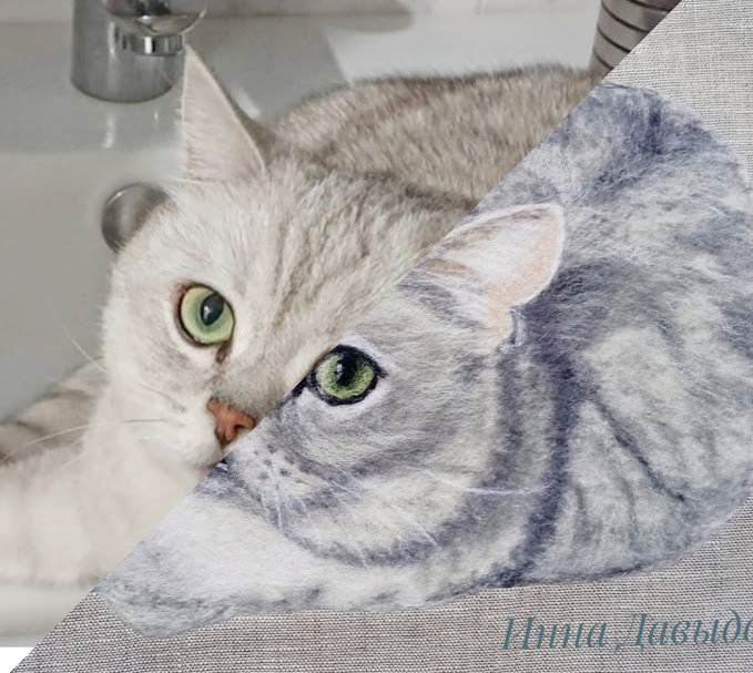 Знакомьтесь, это Феликс. 😻Его портрет сделан в технике сухого валяния овечьей шерсти на льняном холсте, и по просьбе хозяйки была добавлена шёрстка с самого котика.
