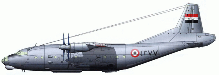 Ан-12ПП (бортовой № 4377) из состава 90-й отдельной смешанной эскадрильи советских ВВС.Авиабаза Каир-Вест, 1969 г. (Журнал "История авиации" No. 31, c. 53)