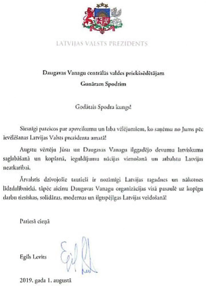 Официальное письмо президента Латвии Эгилса Левитса председателю правления «Даугавас ванаги», 2019 г.