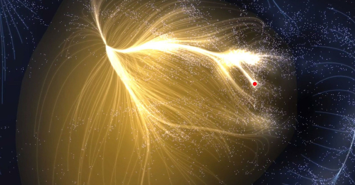 Модель сверхскопления Ланиакея. Красная точка — Местная группа галактик, включающая Млечный Путь / © <!--noindex--><a href="https://pikabu.ru/story/vokrug_chego_vrashchaetsya_mlechnyiy_put_12575362?u=http%3A%2F%2Fdigitimed.com&t=digitimed.com&h=425779299af0abc0c967ccf64a4f327c89c68d0b" title="http://digitimed.com" target="_blank" rel="nofollow noopener">digitimed.com</a><!--/noindex-->.