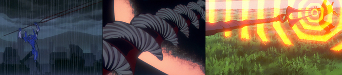 Ева-00 с настоящим Копьём Лонгиния. Копьё Лонгиния трансформируется для проникновения через AT-поле ангела. Реплика Копья, созданная людьми, некоторое время блокируется AT-полем Евы-02.