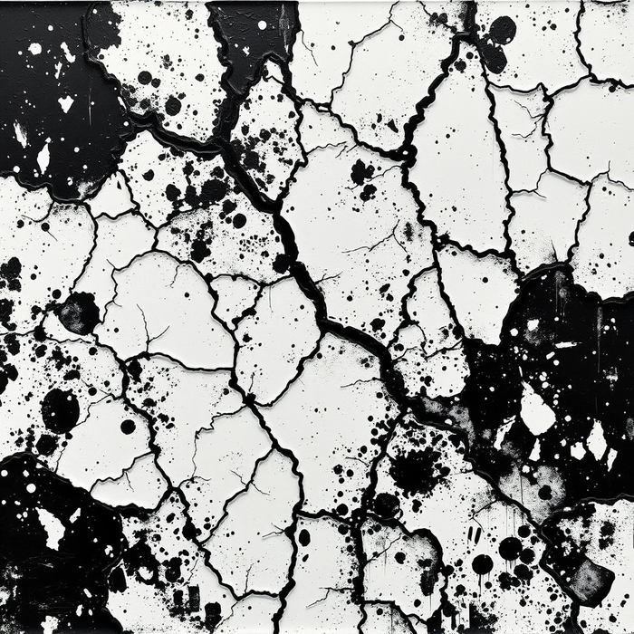 Expressionist painting with dramatic craquelure effect, thick impasto strokes with deep cracks, contrasting ivory black and titanium white, Jackson Pollock meets ancient Greek pottery, high-contrast composition