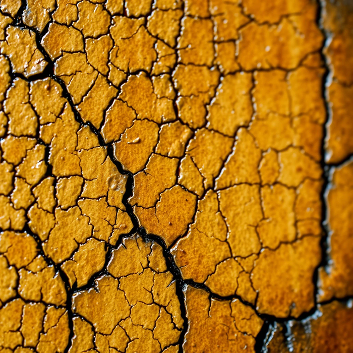 High-resolution macro photograph of antique oil painting craquelure, intricate network of fine cracks, aged varnish texture, warm umber tones under museum lighting, ultra-detailed surface imperfections, photorealistic, 8K texture, depth of field
