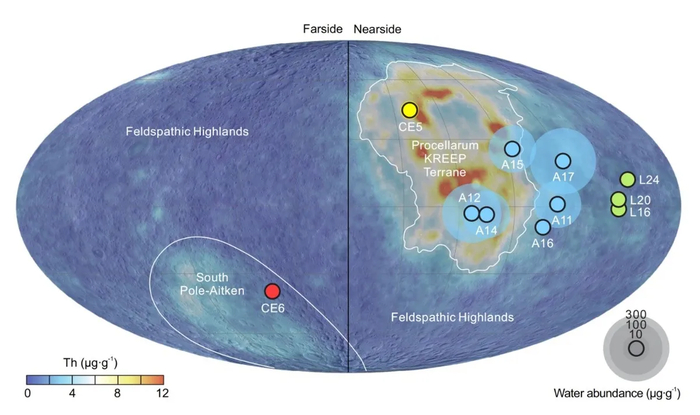 Изображение мест на Луне, где были взяты пробы, с указанием относительного содержания воды и тория. (Изображение предоставлено группой профессора Ху Сена)