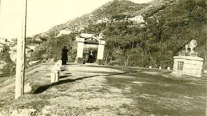 Львы еще стоят на постаментах, стилобат левее за ними, фото 1950-х годов. Арка, под которой фотографируется парень, — вход в парк.