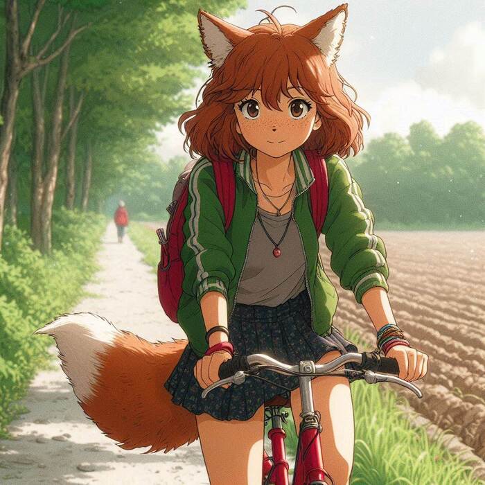 Бочка Арты нейросетей, Аниме, Anime Art, Арт, Нейронные сети, Девушки, Кицунэ, Animal Ears, Хвост, Рыжие, Веснушки, Велосипед, Велопрогулка, Весна, Природа, Заброшенное, Ginger & White, Длиннопост