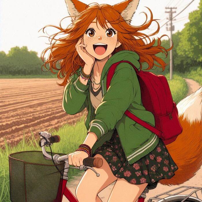 Бочка Арты нейросетей, Аниме, Anime Art, Арт, Нейронные сети, Девушки, Кицунэ, Animal Ears, Хвост, Рыжие, Веснушки, Велосипед, Велопрогулка, Весна, Природа, Заброшенное, Ginger & White, Длиннопост