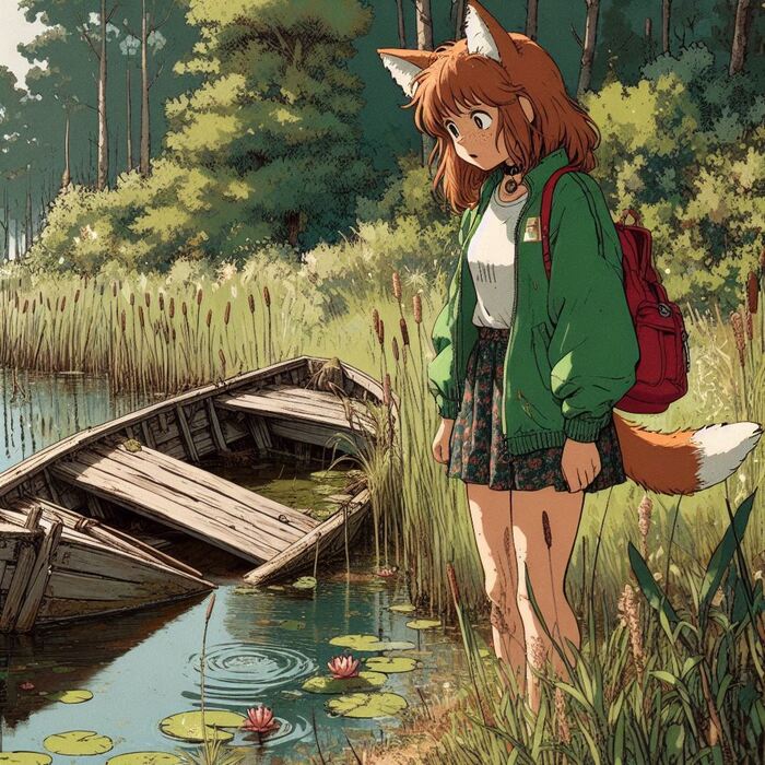 Бочка Арты нейросетей, Аниме, Anime Art, Арт, Нейронные сети, Девушки, Кицунэ, Animal Ears, Хвост, Рыжие, Веснушки, Велосипед, Велопрогулка, Весна, Природа, Заброшенное, Ginger & White, Длиннопост