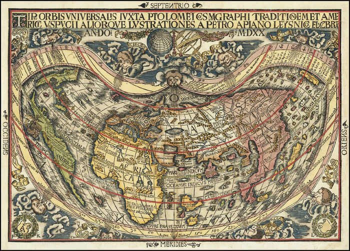 Первая карта мира Петера Апиана «Tipus Orbis Universalis» (1520). Tipus Orbis Universalis iuxta Ptolemei Cosmographi Traditionem et Americi Vespucii Aliorque Lustrationes a Petro Apiano Leysnico Elucbrat An. Do. MDXX. 1520.