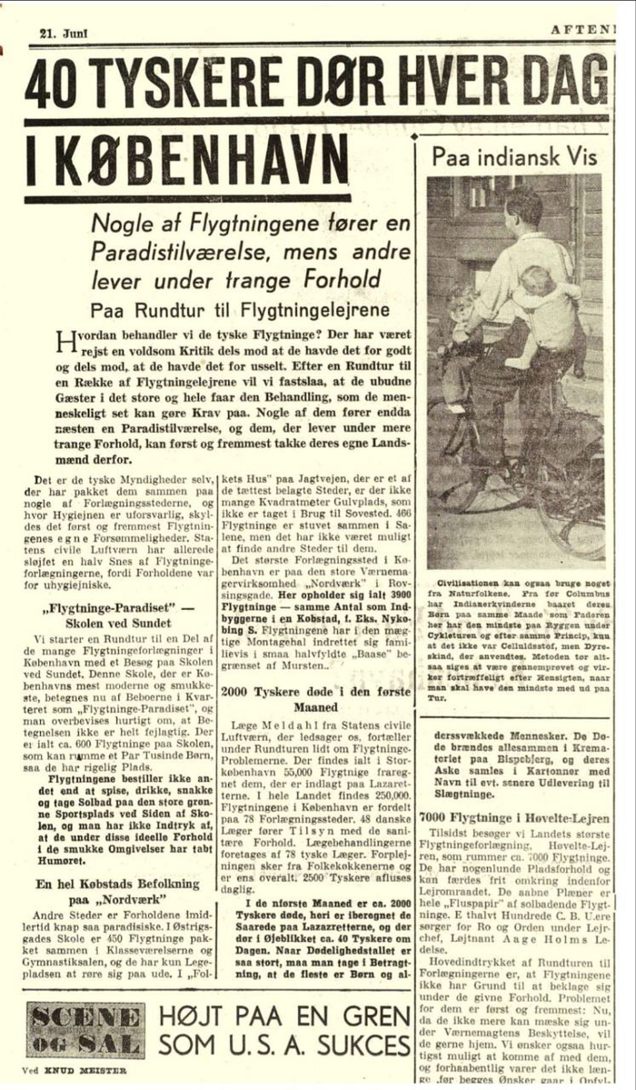 Статья из датской газеты 1945 года – «В Копенгагене умирает 40 немцев в день», беженцы в Дании и кладбище на месте бывшего лагеря для немцев.