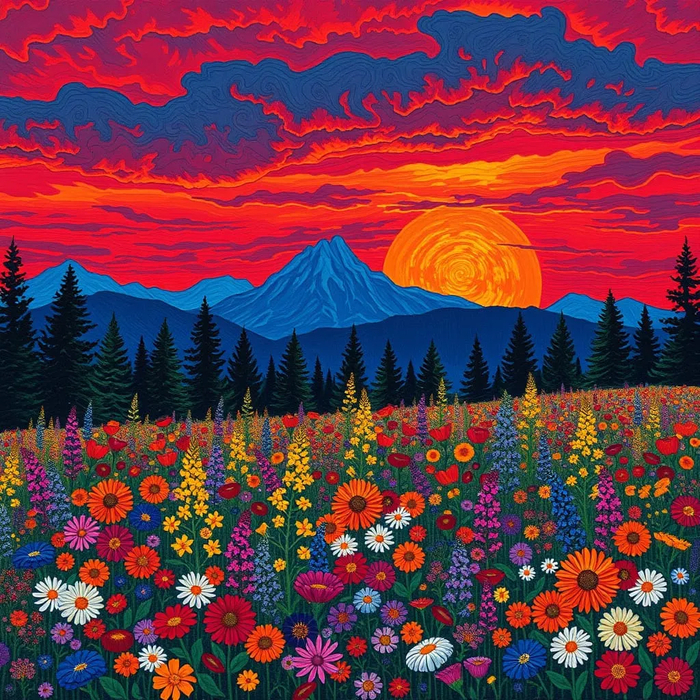 Закат за цветущим полем на фоне леса и гор