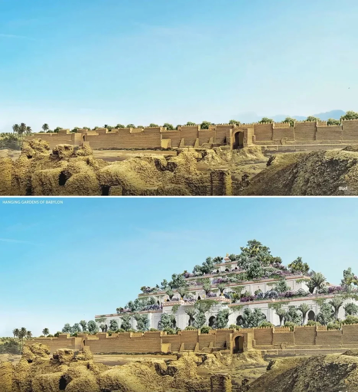 Висячие сады Семирамиды. Сверху – сегодняшние руины. Снизу – реконструкция