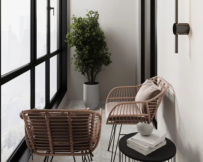 Дизайн интерьера квартиры в ЖК «Крымская Резиденция», балкон с плетеной мебелью от студии Artum.