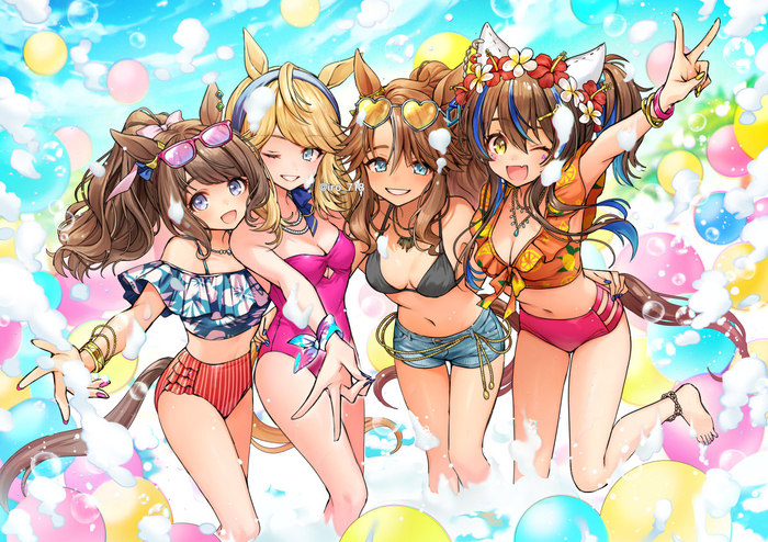  ! , Anime Art, Uma Musume Pretty Derby, Tosen Jordan, Gold City, Mejiro Palmer, Daitaku Helios, Animal Ears, , , , One-piece swimsuit