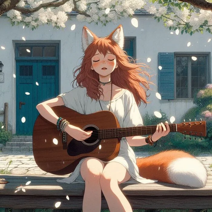 Белый концерт Арты нейросетей, Аниме, Арт, Anime Art, Девушки, Нейронные сети, Original Character, Кицунэ, Animal Ears, Хвост, Гитара, Флейта, Весна, Цветение, Ginger & White, Длиннопост