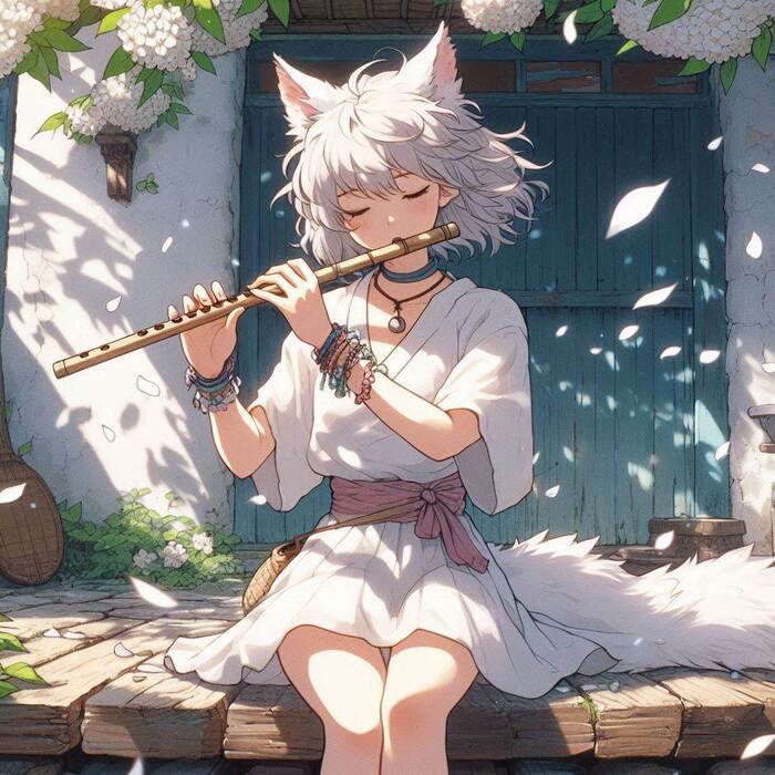 Белый концерт Арты нейросетей, Аниме, Арт, Anime Art, Девушки, Нейронные сети, Original Character, Кицунэ, Animal Ears, Хвост, Гитара, Флейта, Весна, Цветение, Ginger & White, Длиннопост