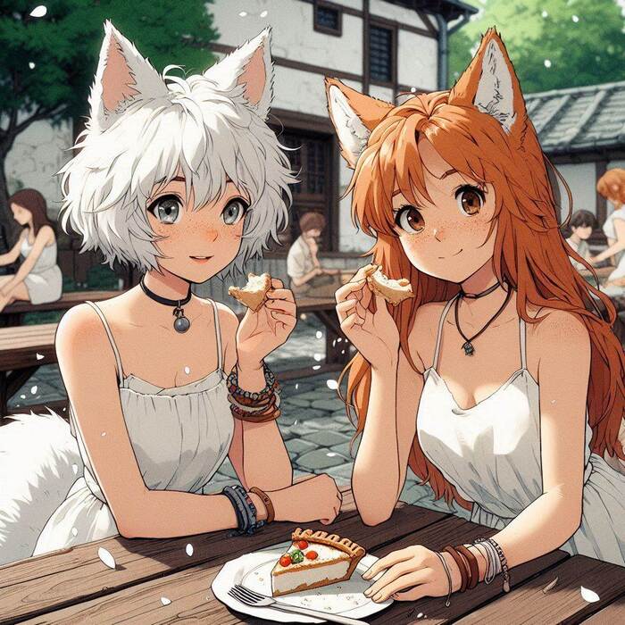 Белый концерт Арты нейросетей, Аниме, Арт, Anime Art, Девушки, Нейронные сети, Original Character, Кицунэ, Animal Ears, Хвост, Гитара, Флейта, Весна, Цветение, Ginger & White, Длиннопост
