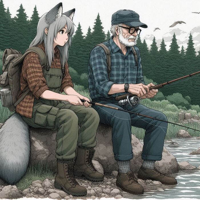Хельга и искусство тишины Арты нейросетей, Аниме, Anime Art, Арт, Нейронные сети, Девушки, Кицунэ, Animal Ears, Хвост, Original Character, Река, Тайга, Ginger & White, Длиннопост