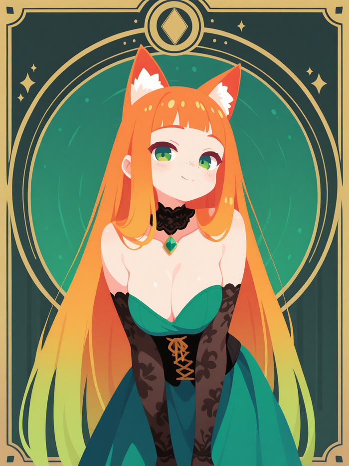 Карточный персонаж Арты нейросетей, Аниме, Stable Diffusion, Рыжие, Sdxl, Платье, Уши, Неко, Чокер, Цветные волосы, Перчатки, Длиннопост