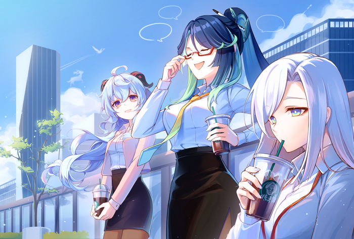   Anime Art, Pixiv, , Shenhe (Genshin Impact), Xianyun (Genshin Impact), Ganyu (Genshin Impact), Genshin Impact, Office lady