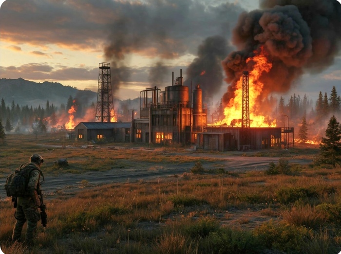 Взрыв на удаленном лабораторном комплексе (создано с помощью ИИ)