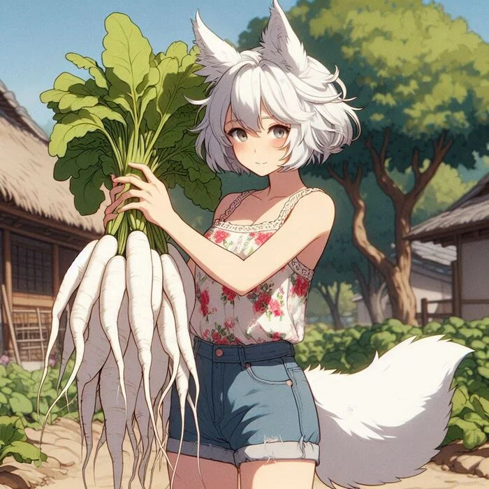 Дайкон! Арты нейросетей, Аниме, Anime Art, Арт, Нейронные сети, Девушки, Кицунэ, Animal Ears, Original Character, Хвост, Дайкон, Огород, Ginger & White, Длиннопост