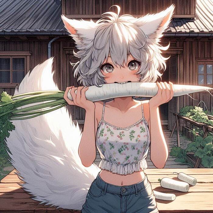 Дайкон! Арты нейросетей, Аниме, Anime Art, Арт, Нейронные сети, Девушки, Кицунэ, Animal Ears, Original Character, Хвост, Дайкон, Огород, Ginger & White, Длиннопост