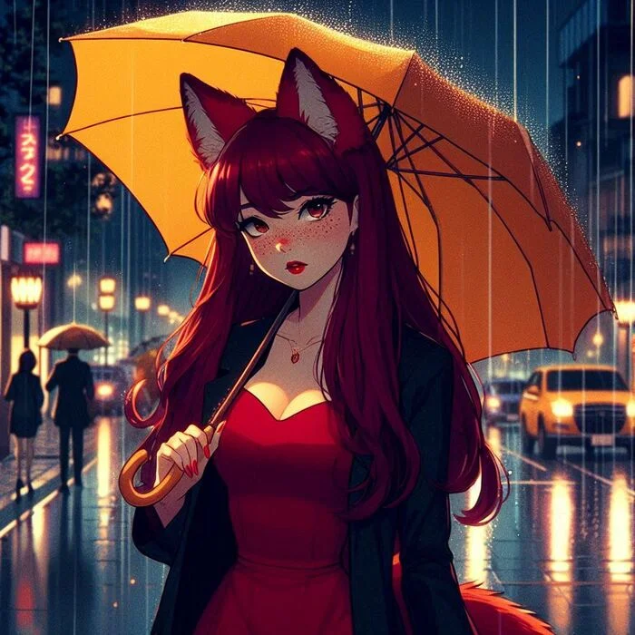 Мона и дождь Арты нейросетей, Аниме, Anime Art, Арт, Девушки, Original Character, Кицунэ, Animal Ears, Хвост, Ночь, Дождь, Нуар, Ginger & White, Длиннопост