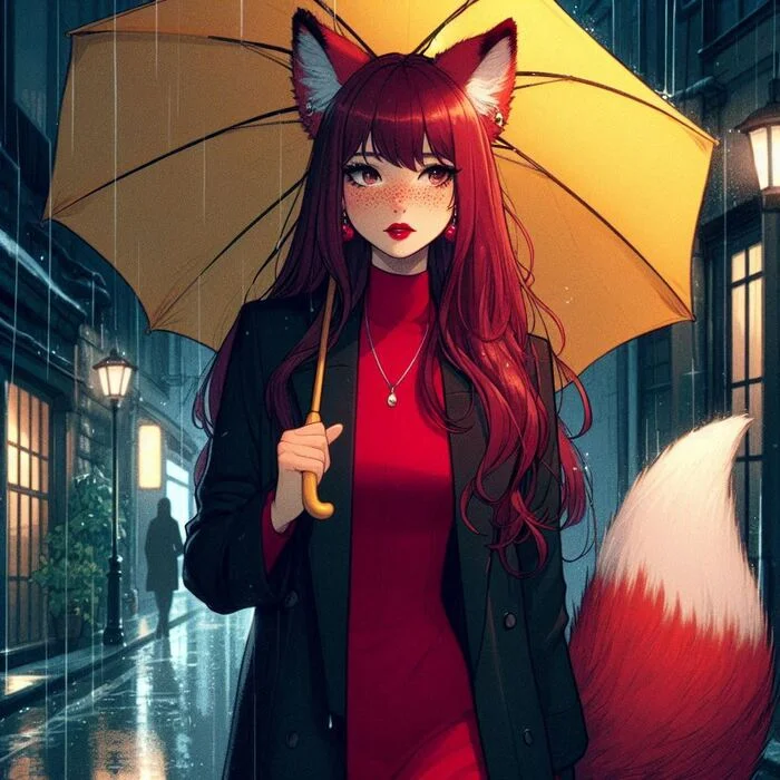 Мона и дождь Арты нейросетей, Аниме, Anime Art, Арт, Девушки, Original Character, Кицунэ, Animal Ears, Хвост, Ночь, Дождь, Нуар, Ginger & White, Длиннопост
