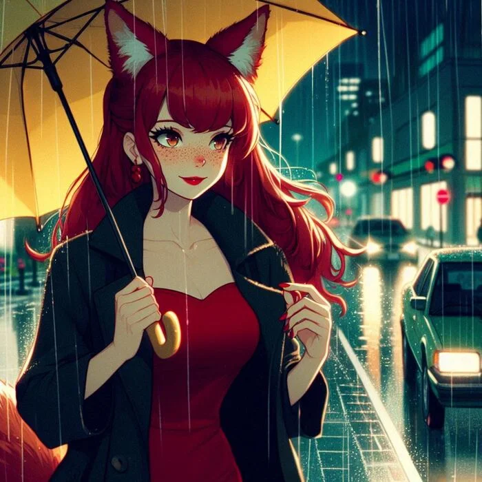 Мона и дождь Арты нейросетей, Аниме, Anime Art, Арт, Девушки, Original Character, Кицунэ, Animal Ears, Хвост, Ночь, Дождь, Нуар, Ginger & White, Длиннопост
