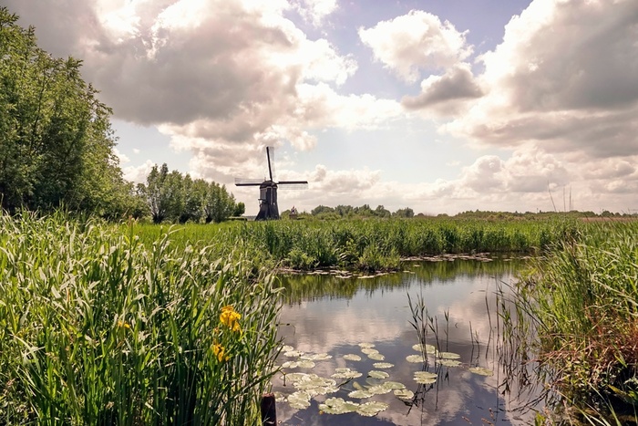 Типичная голландская погода - солнце, ветер, облака и обязательно мельница где-то или на горизонте, или поблизости. В этой живут люди.