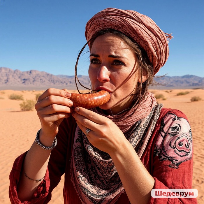 По мнению шедеврума, так выглядит пастафарианец в пустыне, вкушающий свиную колбасу. Шалость удалась!