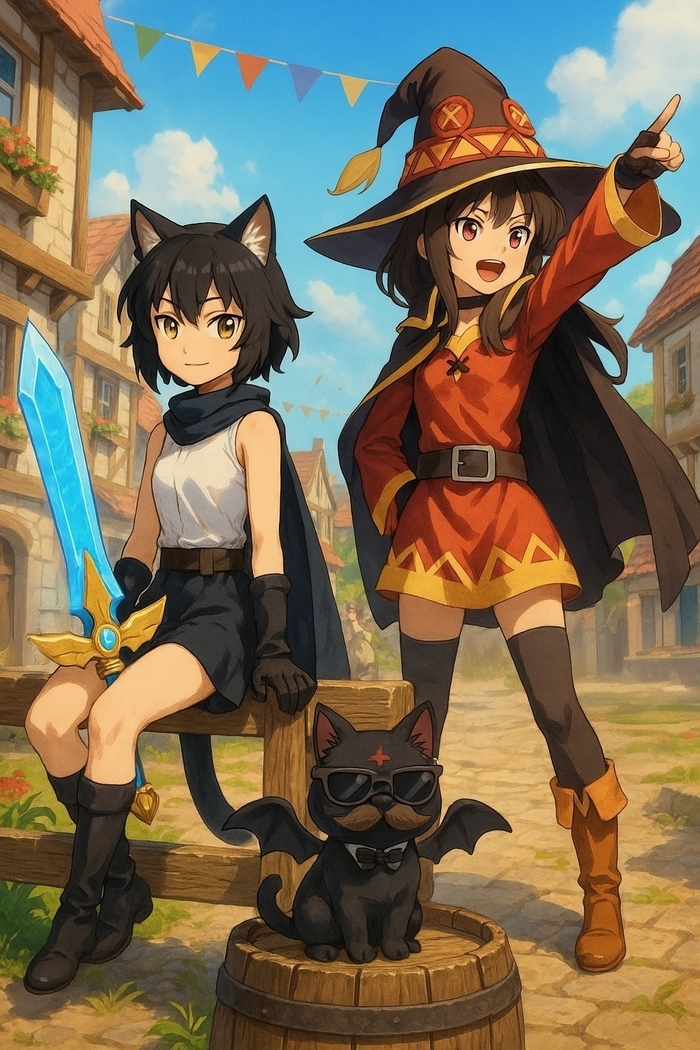 - .!  , , Konosuba, Megumin, Anime Art, Animal Ears, Dall-e, , Chomusuke
