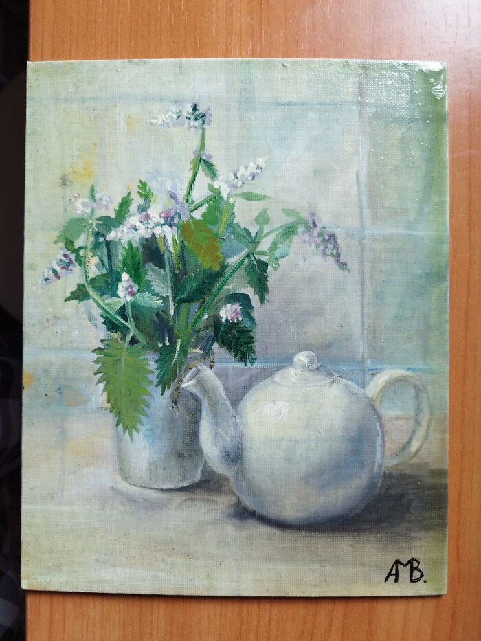 Моя работа маслом ИРЛ и она не так плоха как мои попытки на планшете хехех. Листву и растения в целом тоже как-то не умею рисовать, не сложилось. Но есть идеи как научится. Это этюд, за 1-2-3 вечера буквально нарисовала.