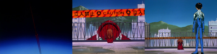 Копьё Лонгиния дрейфует к Луне. Аска после воздействия Ангела. Слова поддержки от Синдзи лишь злят её ещё сильнее.