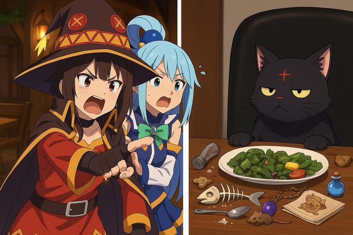      .....    , Konosuba, Megumin, Chomusuke, Anime Art, Dall-e,     , ,  ,   , Aqua