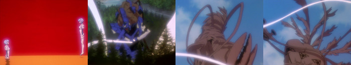 Сознание Ангела и Рей вступают в контакт. Из спины Евы-00 растёт "башня-из-плоти". Она как-бы слеплена из тел всех ранее уничтоженных Ангелов.