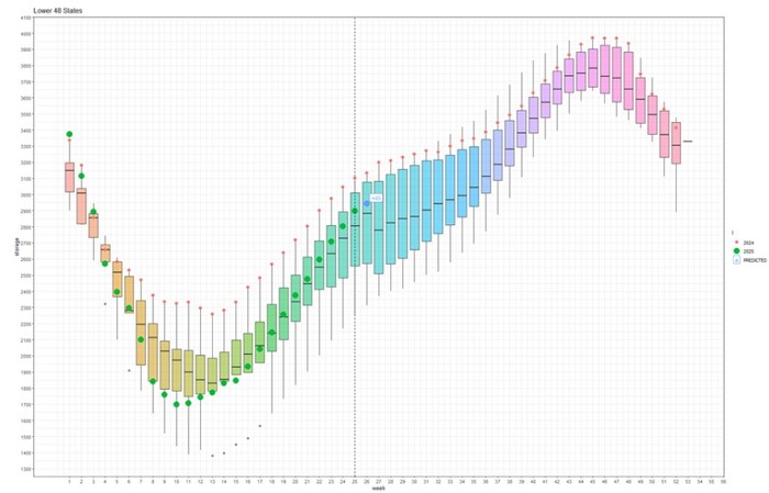 Текущие запасы и прогноз на следующую неделю по сравнению с 2019-2024