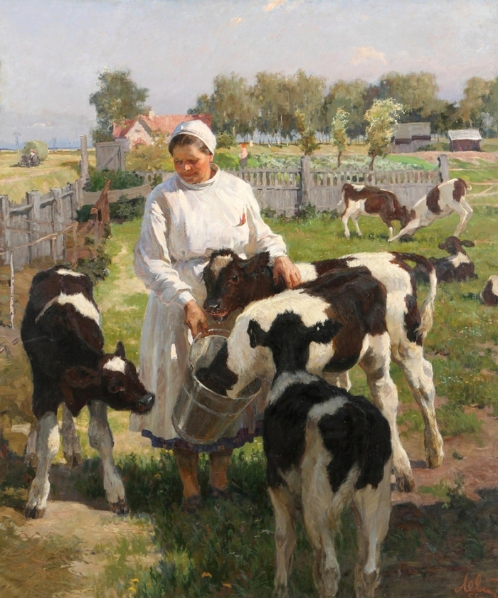 Левитин Анатолий Павлович. "Портрет Ф. Лысько - знатной телятницы колхоза Лесное". 1951 г.