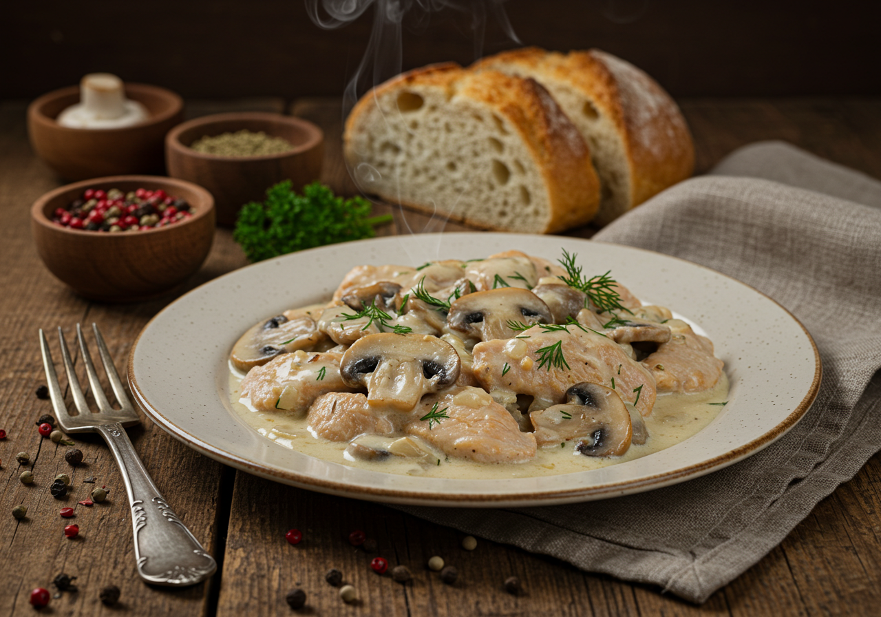 Индейка, тушенная с грибами, в соусе бешамель с горчицей и карри