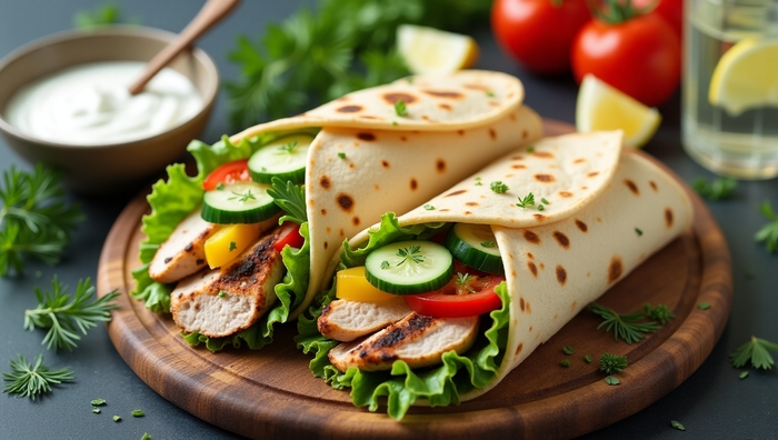 Индейка в лаваше с йогуртовым соусом и овощами