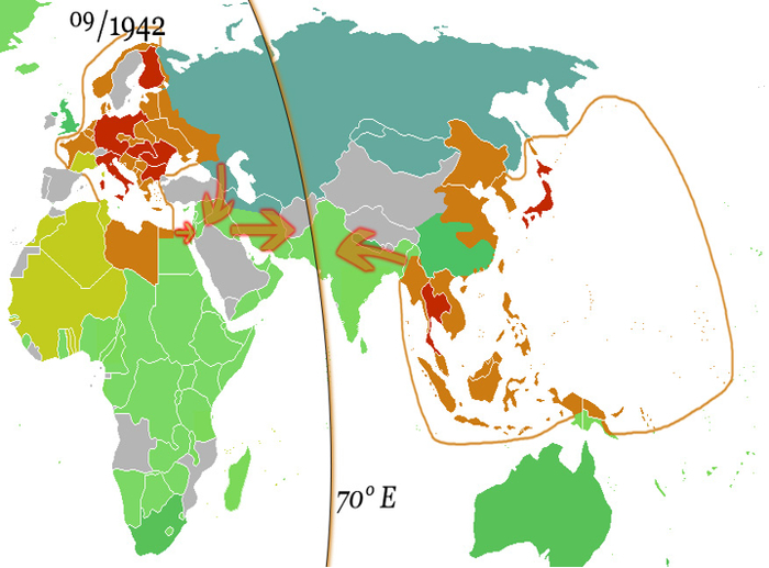 Осенью 1942 года Германия и Япония достигли своих максимальных сфер влияния. Стрелки показывают запланированные движения к предполагаемой демаркационной линии на 70° в.д., которая, однако, никогда не была даже приближена.