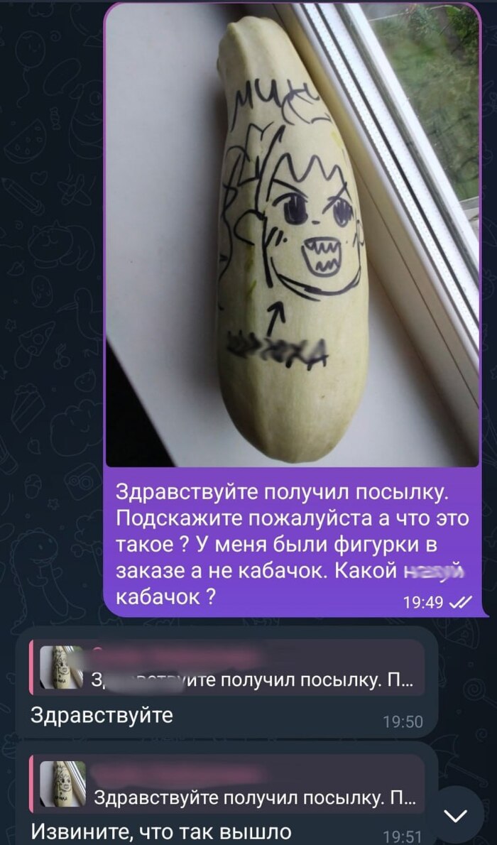 Парень заказал пару аниме-фигурок, а ему прислали... кабачок Юмор, Кабачок, Аниме, Переписка, Посылка, Длиннопост