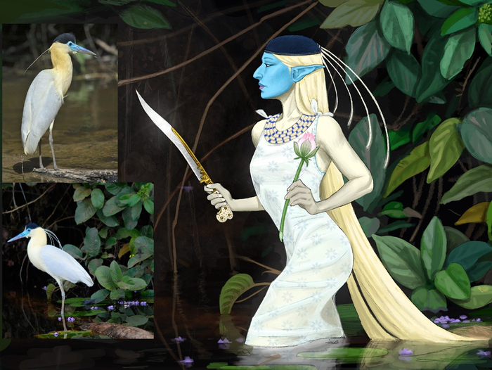 Хуманизация цапли в образе эльфийской дамы. Художник BinGoblin