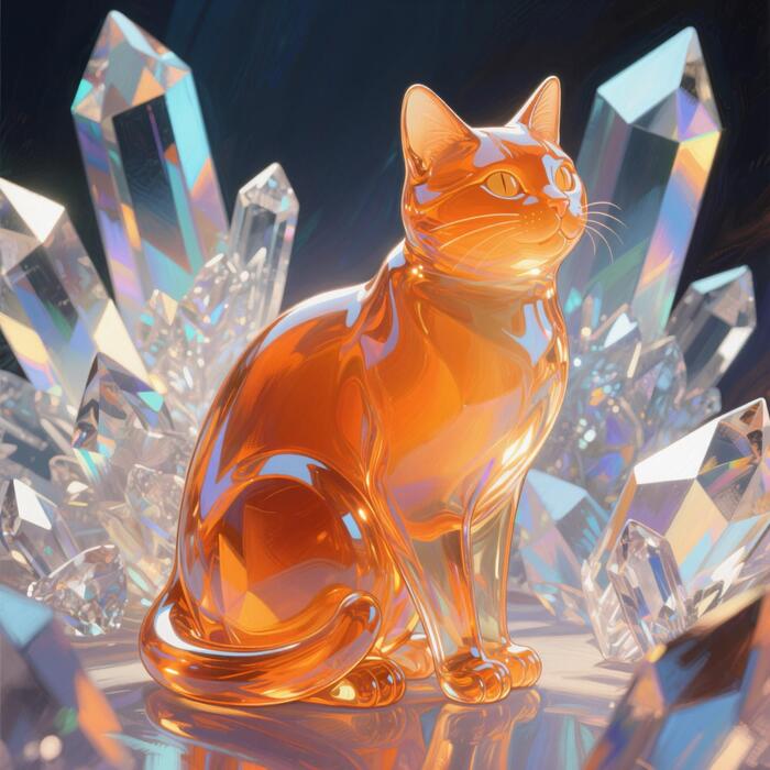 Qwen-Image: Стекло в форме рыжего кота на фоне кристаллов, высокая детализация, маслом, 2D-рисунок.