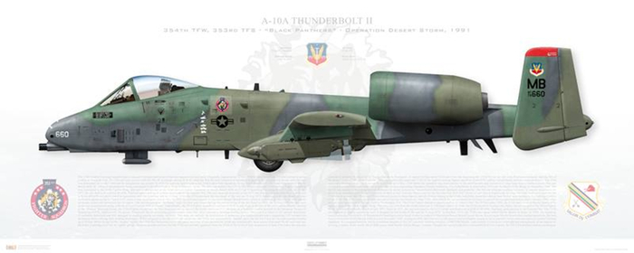 A-10A «Тандерболт II» (также известен как «Бородавочник»), 354 истребительное авиакрыло, 353 тактическая истребительная эскадрилья «Черные пантеры», бортовой номер MB/78-0660. Авиабаза «Миртл Бич», SC – 1991 во время операции «Буря в пустыне».